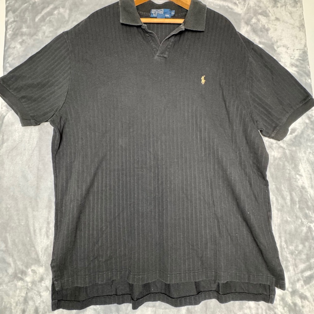 Ralph Lauren Mens XL Black Ribbed V-Neck Short‎ Sleeve Polo Shirt Cotton Vintage